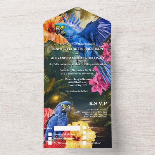 Oerwoud papegaai tropische bloemen bos all in one uitnodiging (Binnen)