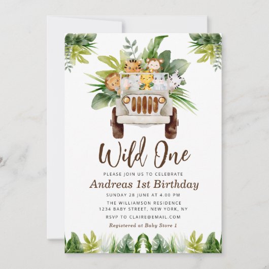 oerwoud safari 1e verjaardagsfeestuitnodiging kaart (Voorkant)