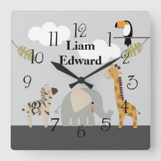 Oerwoud Safari Animals Nursery Wall Clock Vierkante Klok