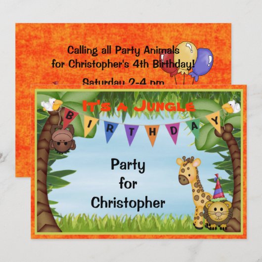 Oerwoud Safari Birthday Party Invitation Kaart (Voorkant / Achterkant)