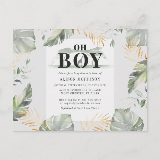 Oerwoud Safari Botanical Boy Giraffe Baby shower Uitnodiging Briefkaart (Voorkant)