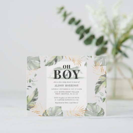 Oerwoud Safari Botanical Boy Giraffe Baby shower Uitnodiging Briefkaart (Staand voorkant)