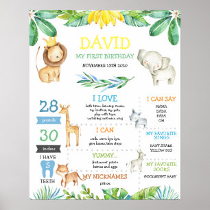 Oerwoud Safari Boy First Birthday Milestone Poster