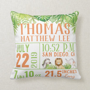 Oerwoud Safari Dieren Birth Stats Baby Boy Nursery Kussen