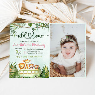 Oerwoud Safari Girl Wild One 1st Birthday Foto Kaart
