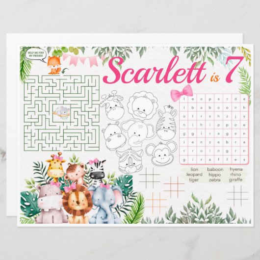 Oerwoud Safari Placemats, activiteitenblad Safari (Voorkant / Achterkant)