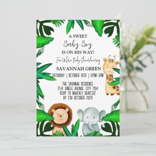 Oerwoud Safari Tropisch Dier Wild Boy Baby shower Kaart (Staand voorkant)