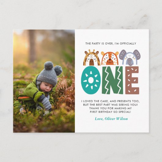 Oerwoud Thema 1e Verjaardag Dank u Briefkaart (Voorkant)