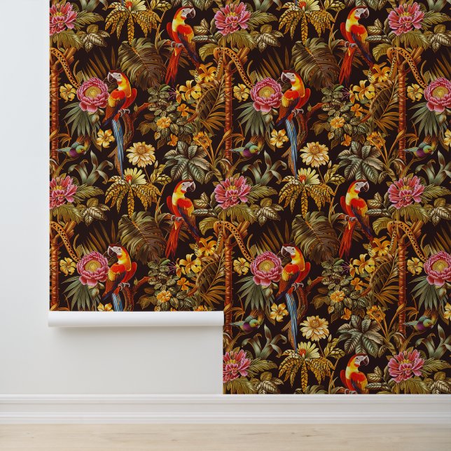 Oerwoud Thema Indische Stijl Papegaai Tijgerbloem Behang (Applicatie)