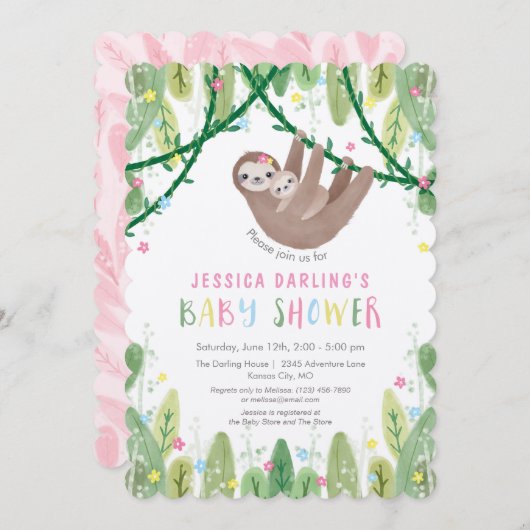 Oerwoud thema Sloth Baby Girl Shower Kaart (Voorkant / Achterkant)