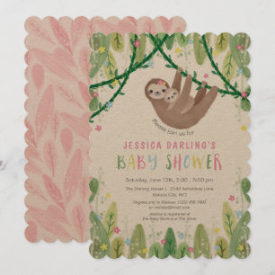 Oerwoud thema Sloth Baby Girl Shower Kaart