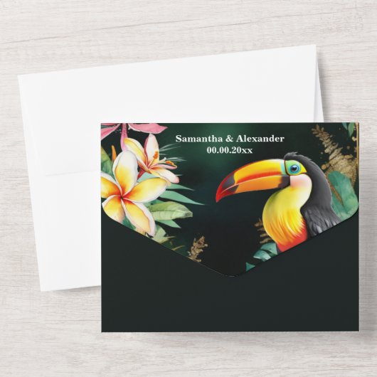 Oerwoud Toucan Bird waterverf Frangipani Monstera All In One Uitnodiging (Achterkant)