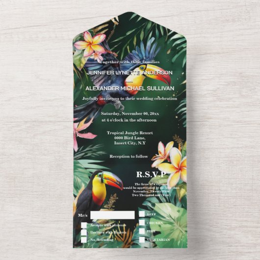 Oerwoud Toucan Bird waterverf Frangipani Monstera All In One Uitnodiging (Binnen)