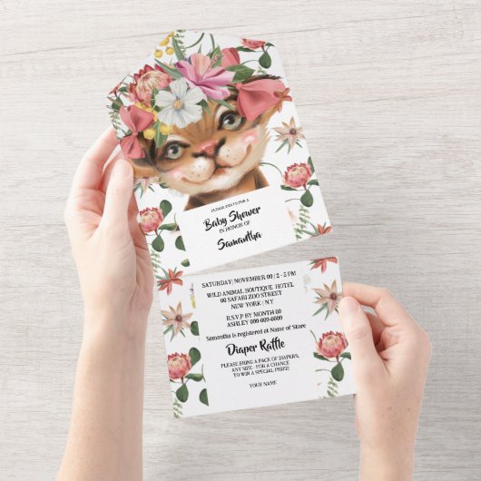 Oerwoud waterverf tijgerkuiken kat baby shower all in one uitnodiging (Afscheurbaar)