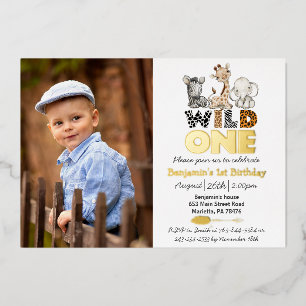 Oerwoud Wild One Foto Real Gold Foil Uitnodiging