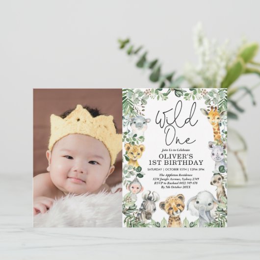Oerwoud Wild One Greenery Safari 1e verjaardag fot Kaart (Staand voorkant)