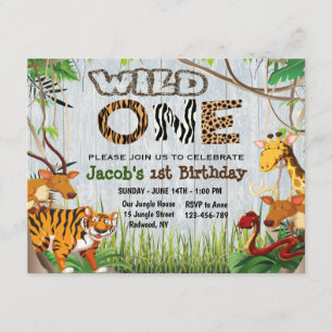 Oerwoud Wild One Safari Animals First Birthday Kaart