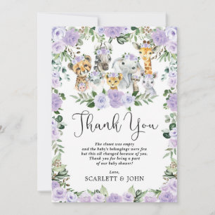  Oerwoud Wilde Dieren Paarse Bloemen Baby Girl Bedankkaart