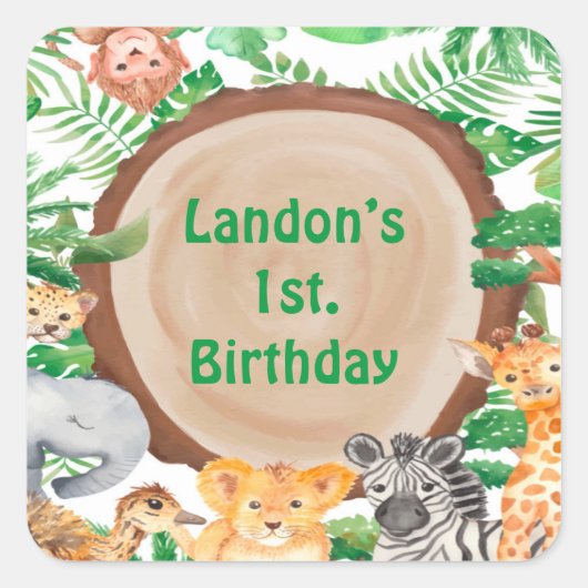 Oerwoud Woodland Safari Animals Birthday Party Vierkante Sticker (Voorkant)