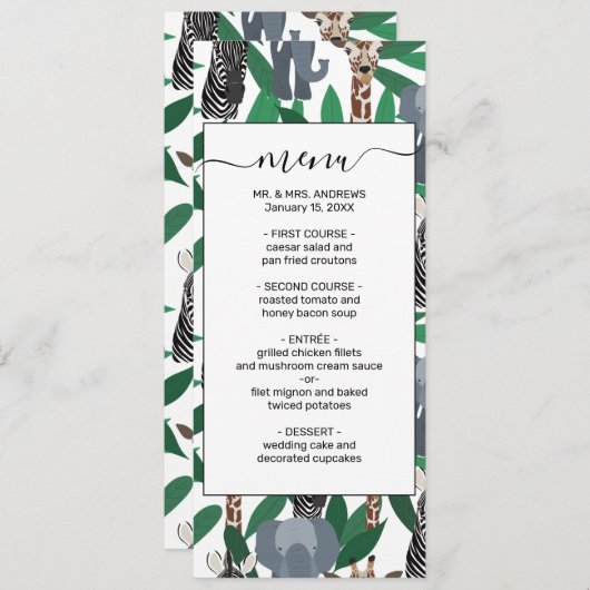 Oerwoud Zebra Elephant Giraffe Safari Animals Menu (Voorkant / Achterkant)