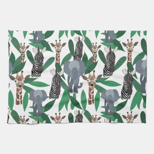 Oerwoud Zebra Elephant Giraffe Safari Animals Theedoek (Horizontaal)