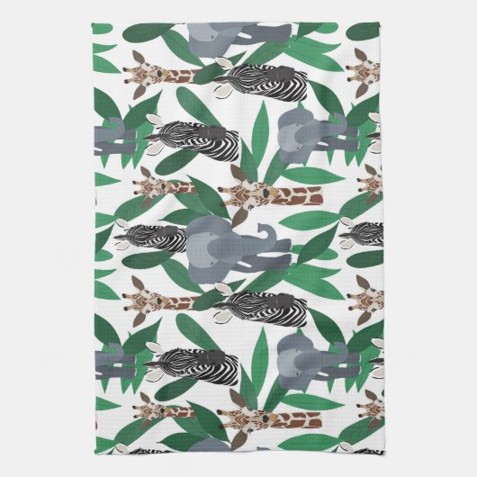 Oerwoud Zebra Elephant Giraffe Safari Animals Theedoek (Verticaal)