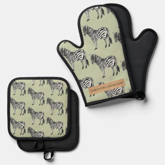 Oerwoud Zebra Wilde Patroon & Aangepaste Naam Ovenwant & Pannenlap Set (Voorkant / Achterkant)