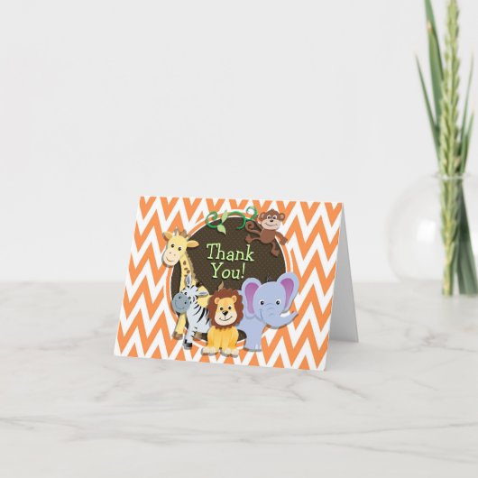 Oerwouden Baby shower; Oranje en witte Chevron Bedankkaart (Voorkant)