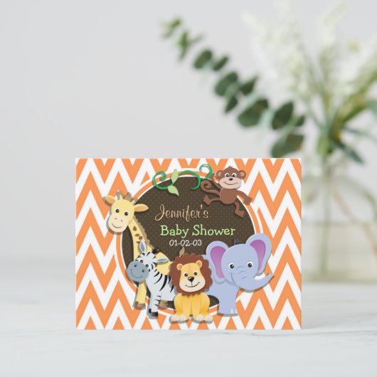 Oerwouden Baby shower; Oranje en witte Chevron Uitnodiging Briefkaart (Staand voorkant)