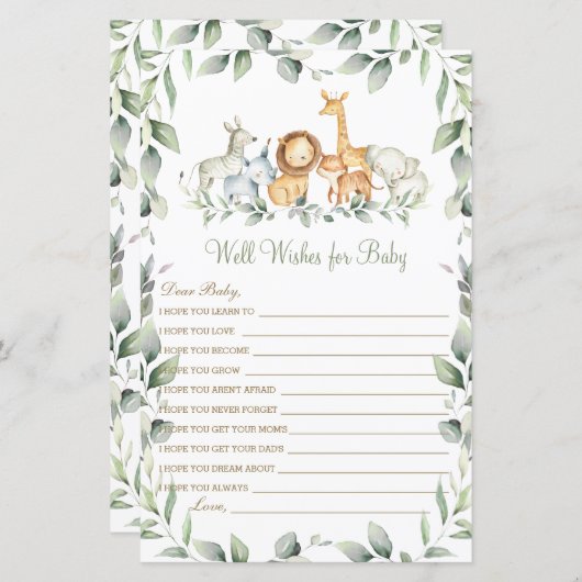 Oerwouden dieren wensen Baby shower gaam (Voorkant / Achterkant)