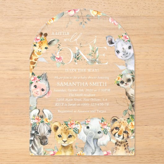 Oerwouden, Safari, Bloemen, Baby shower Acryl Uitnodigingen (Voorkant)