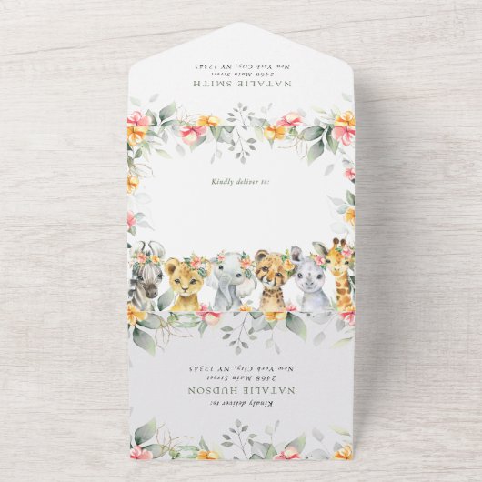 Oerwouden, safari, bloemen, eerste verjaardag all in one uitnodiging (Buitenkant)