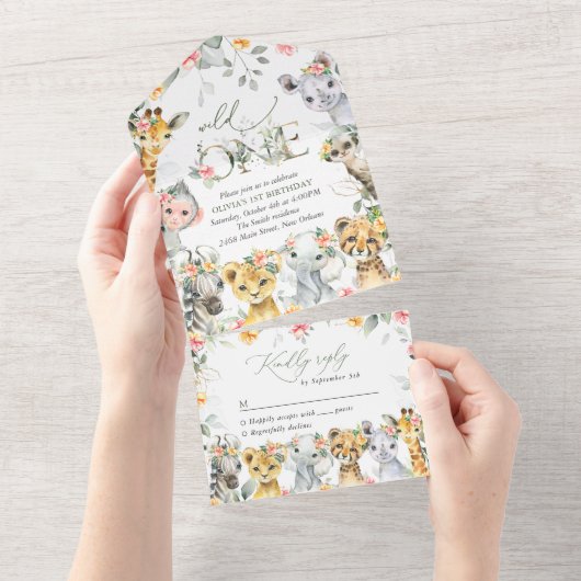 Oerwouden, safari, bloemen, eerste verjaardag all in one uitnodiging (Afscheurbaar)