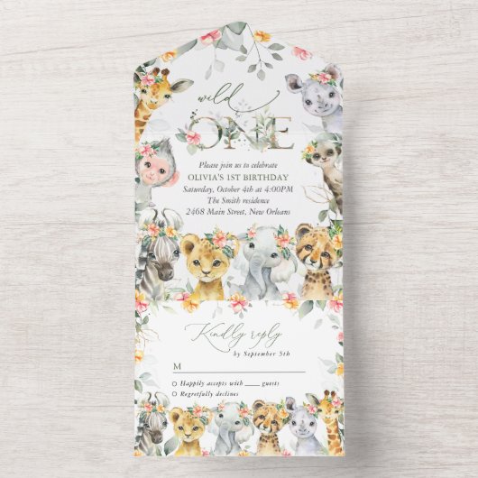 Oerwouden, safari, bloemen, eerste verjaardag all in one uitnodiging (Binnen)