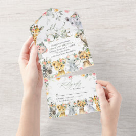 Oerwouden, safari, bloemen, eerste verjaardag all in one uitnodiging
