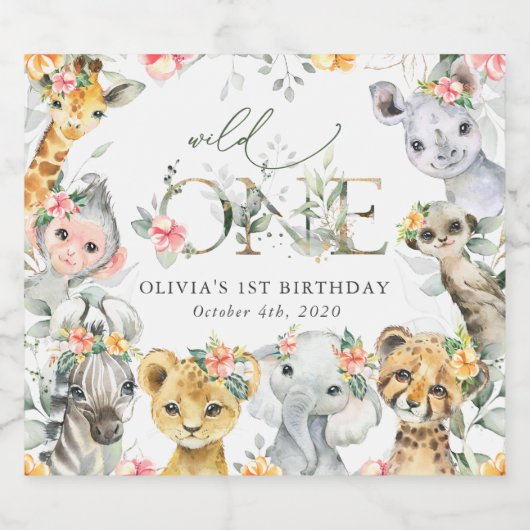 Oerwouden, safari, bloemen, eerste verjaardag sparkling wijnetiket (Enkel label)