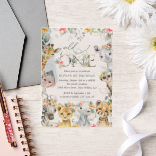 Oerwouden, safari, bloemen, eerste verjaardag vellum uitnodigingen