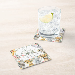 Oerwouden, safari, bloemen, eerste verjaardag vierkante kartonnen onderzetter