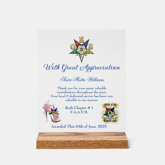 OES Appreciation Award acryl teken Acryl Bord (Voorkant)