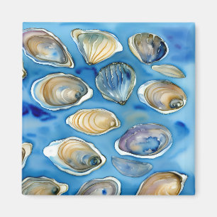 Oesters Clams Zeeschelpen Waterverf Blauw Magneet
