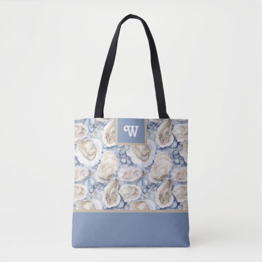 Oesters Delight Blauw Grijs Tan en Monogram Initia Draagtas (Voorkant)