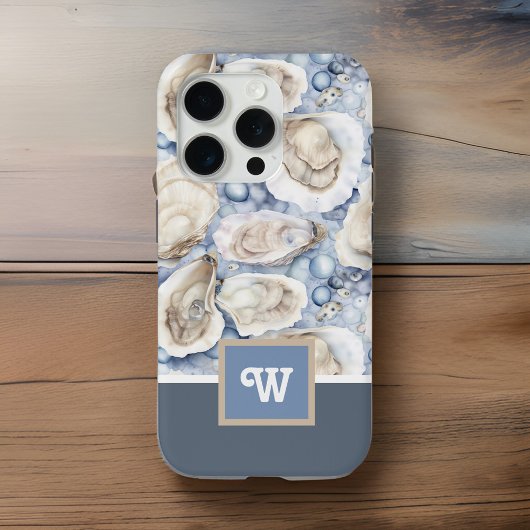 Oesters n Parels Blauw Grijs Tan Monogram Initiaal Case-Mate iPhone Case
