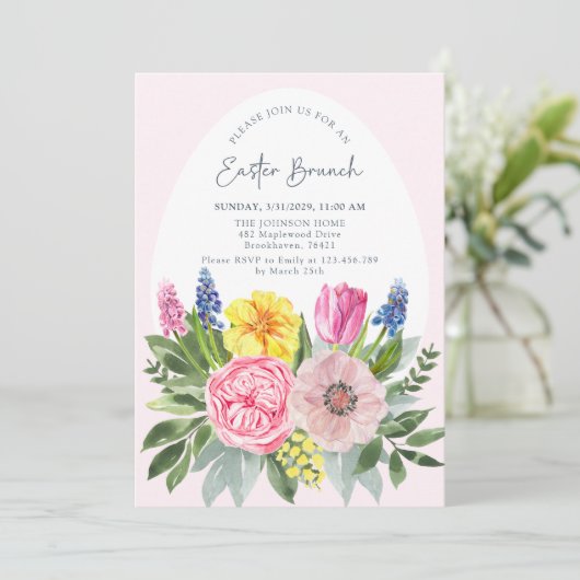 Oeuf de Pâques, Rose, Brunch Floral Invitation (Debout devant)