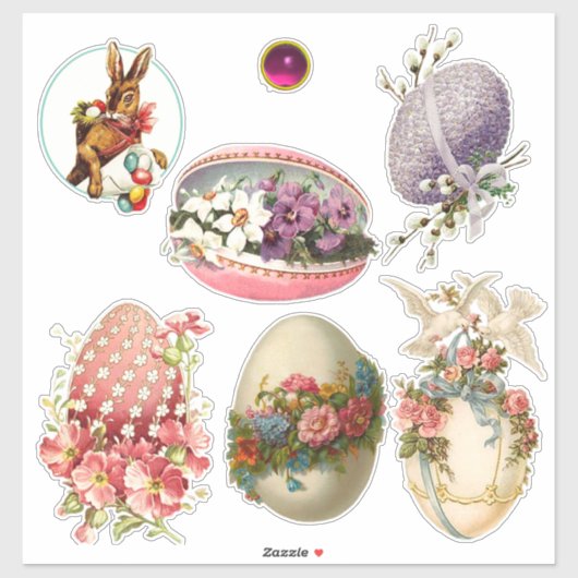 OEUFS DE PÂQUES vintages, FLEURS ET CHIENS STICKER (Feuille)