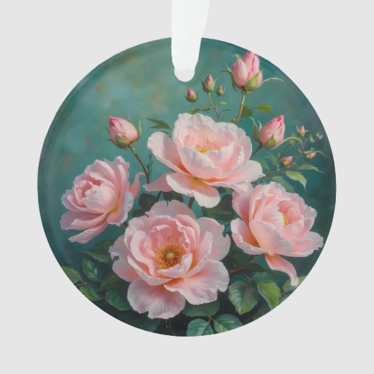 Œuvre d'art sur pivoines roses sur fond vert émera (devant)