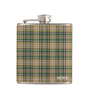 O'Farrell Tartan Monogram Groen en Tan Plaid Heupfles