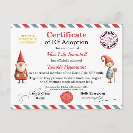Official North Pole Elf Adoption Certificate  Briefkaart (Voorkant)