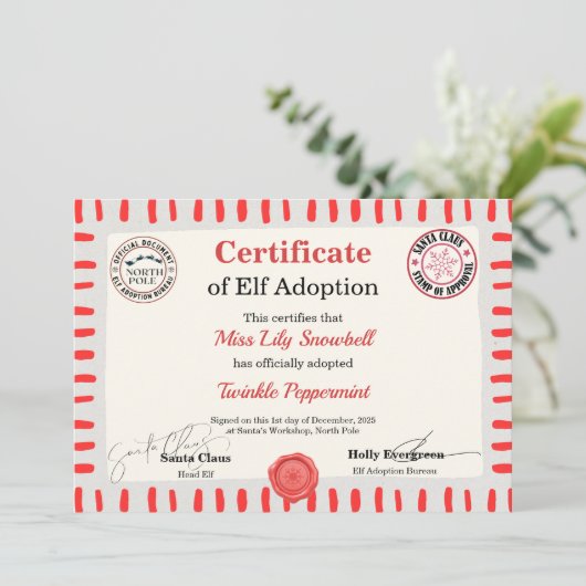 Official North Pole Elf Adoption Certificate Kaart (Staand voorkant)