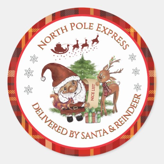 Official North Pole Express Santa Red Plaid Ronde Sticker (Voorkant)