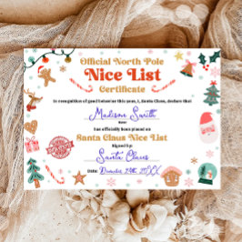 Official North Pole Nice List Certificate Santa Kaart